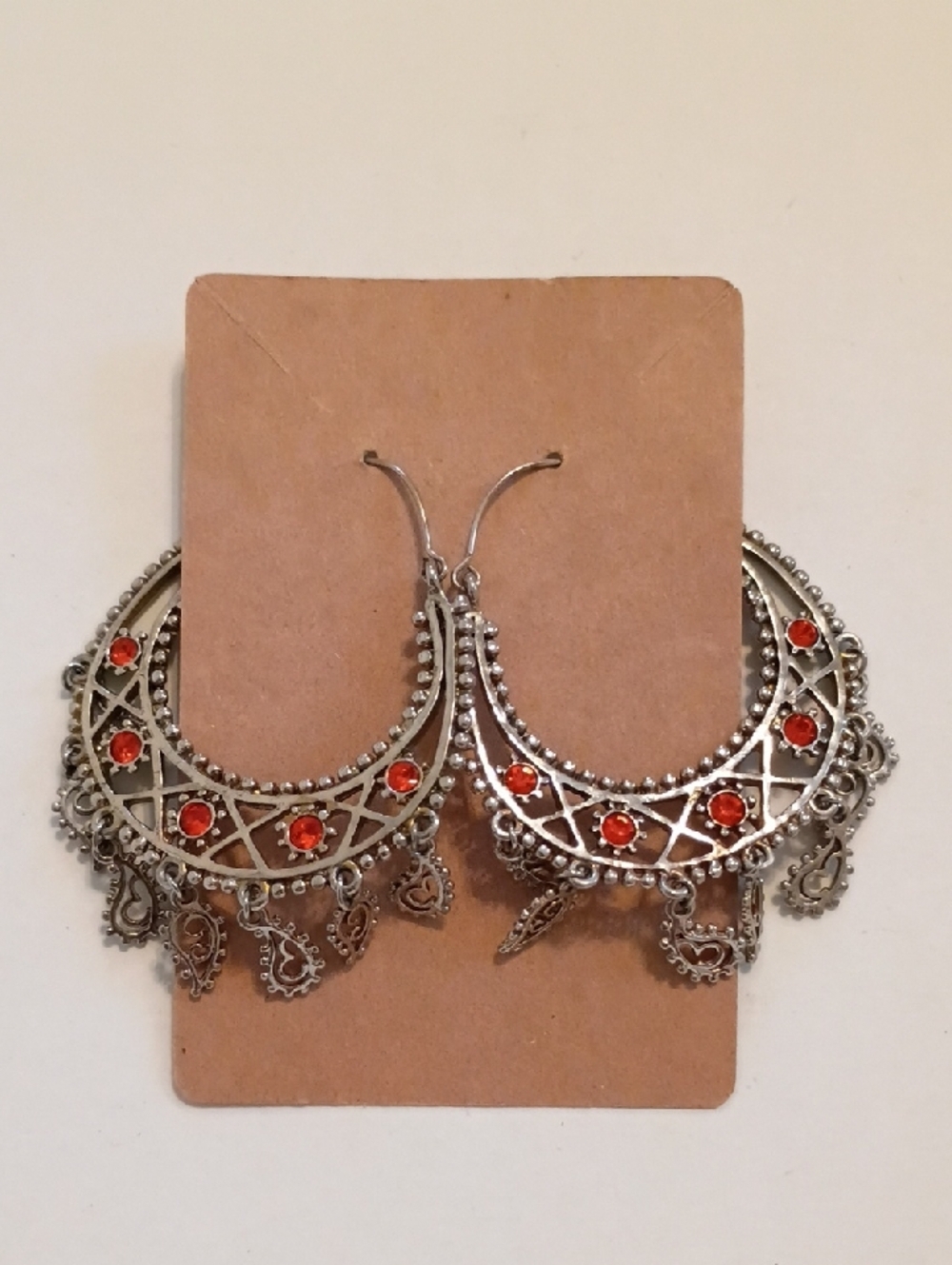 Boho Crescent Hoop Earrings Silver Tone Red Beaded Statement Dangle
